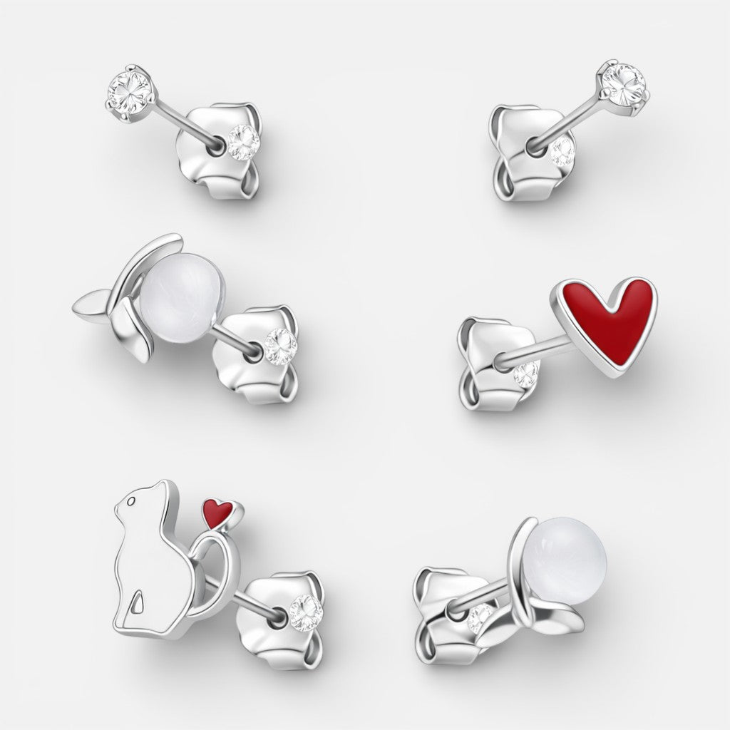Set Aros Minimalista Gatito Corazón Cola de Ballena Circones