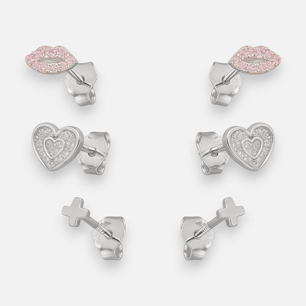 Set Aros Minimalista Corazón Labios Cruz Circones