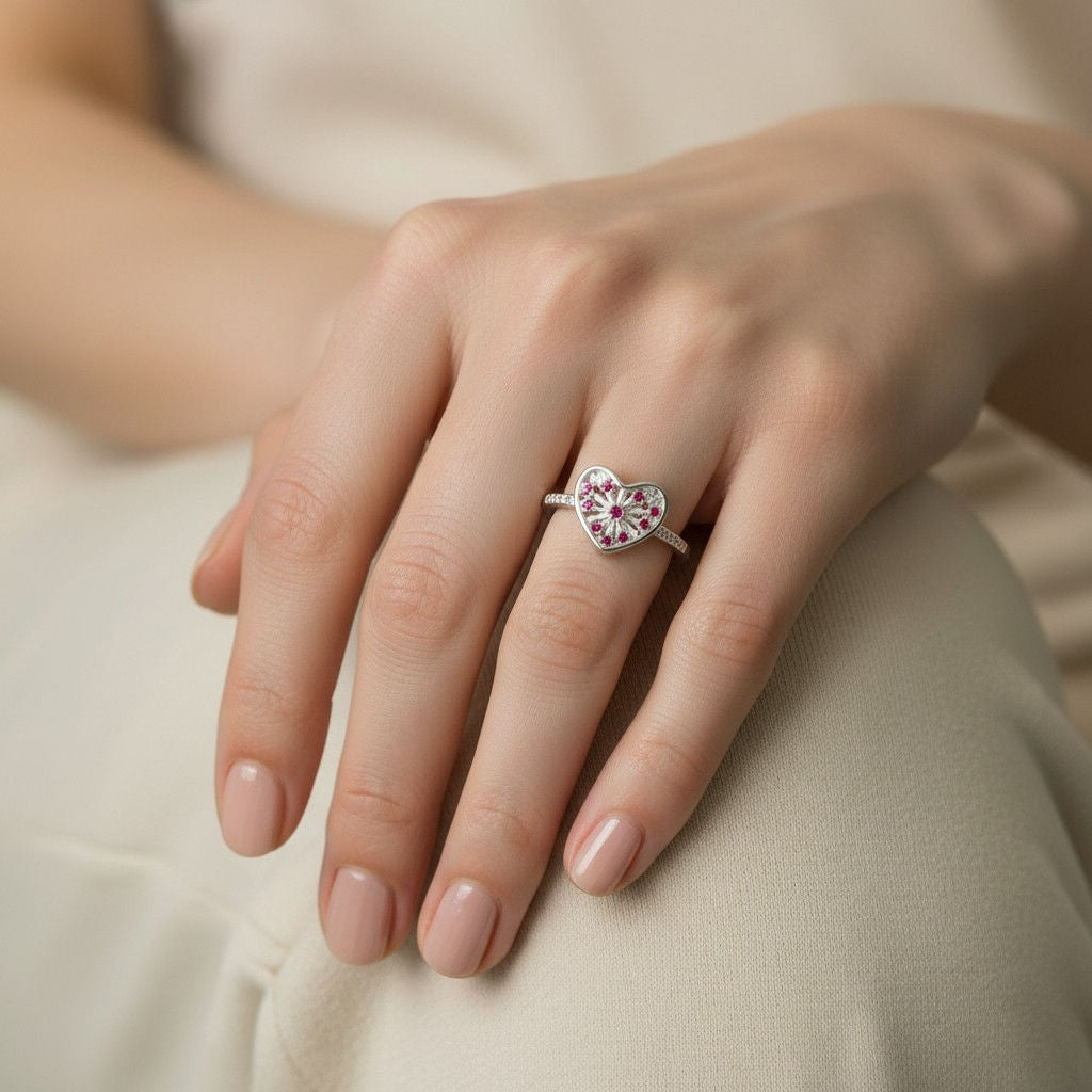 Anillo Corazón Flor Circones Fucsia