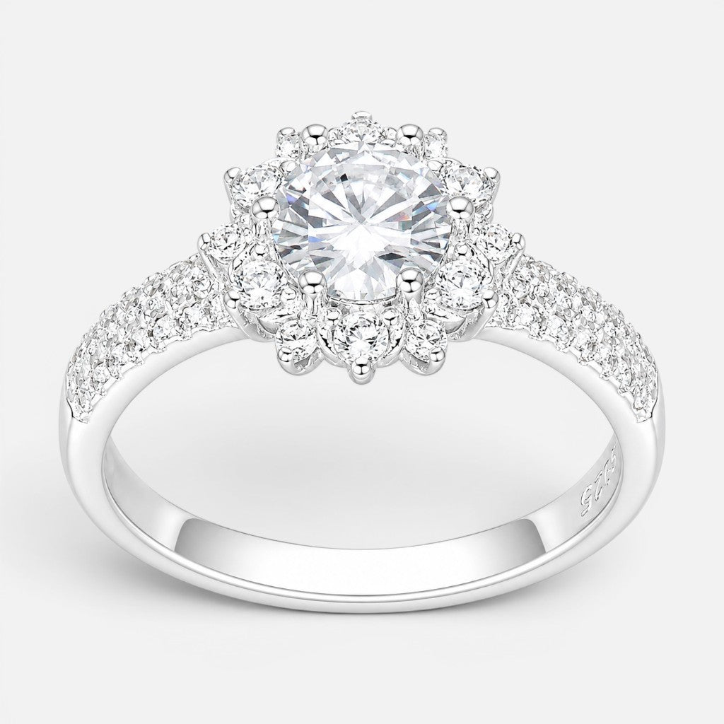 Anillo Flor Solitario Moissanita y Circones