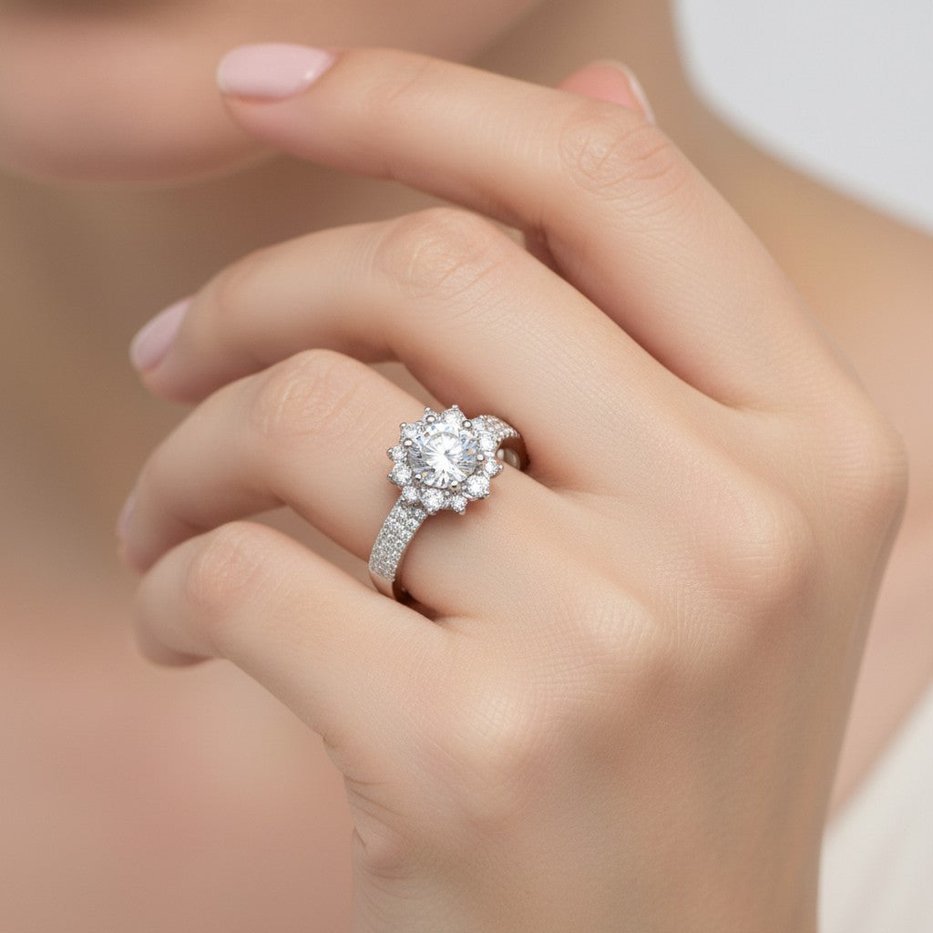Anillo Flor Solitario Moissanita y Circones