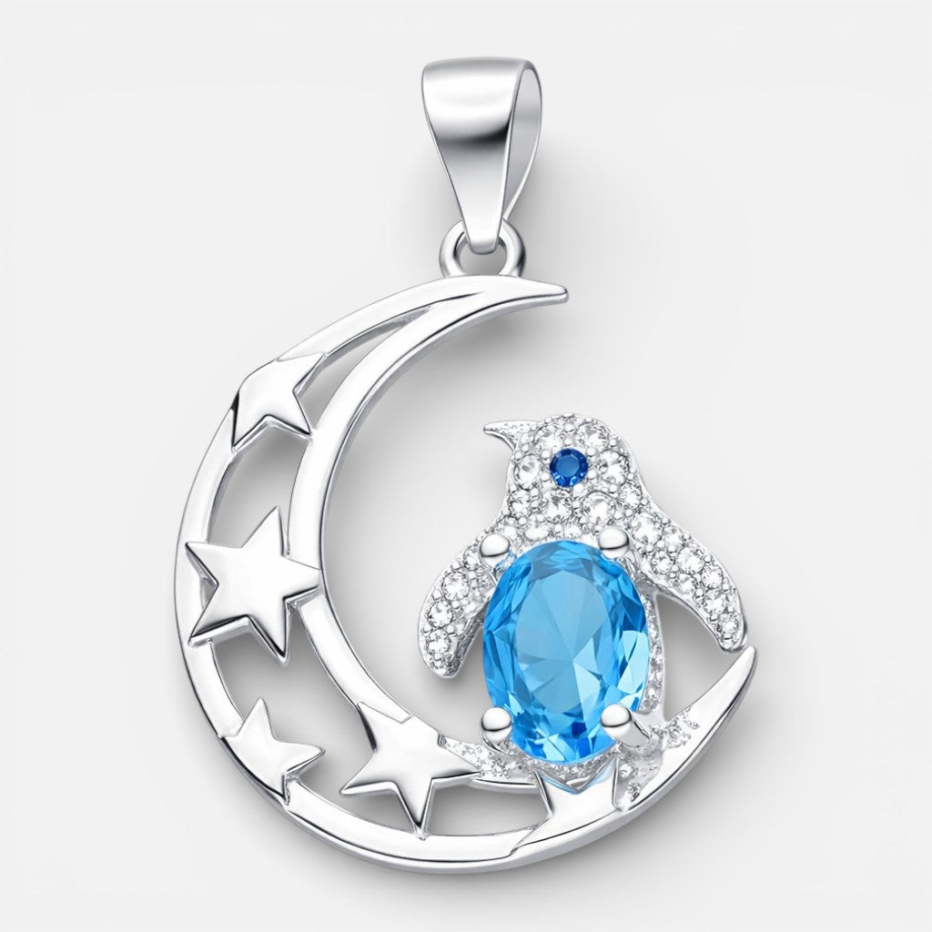 Colgante Media Luna Estrellas Pingüino Circón Agua Marina