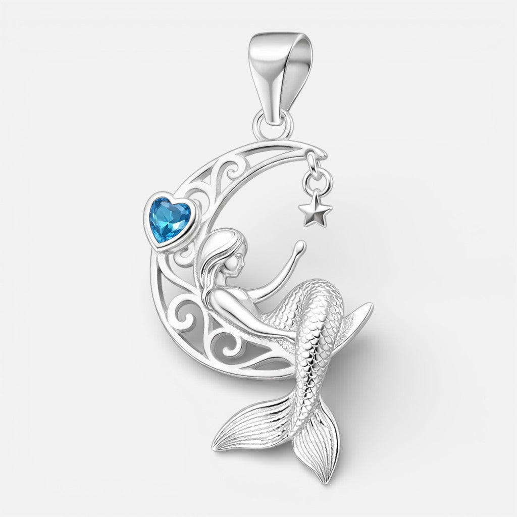 Colgante Media Luna Sirena Corazón Circón Agua Marina