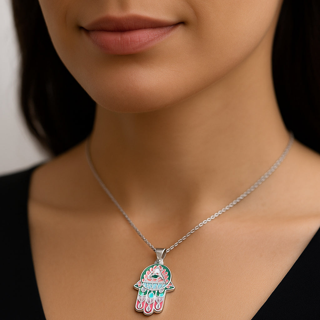 Colgante Mano de Fátima Ojo Turco Esmaltado Multicolor