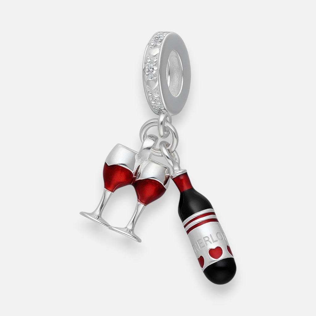 Colgante Charm Botella y Copas de Vino Esmaltadas