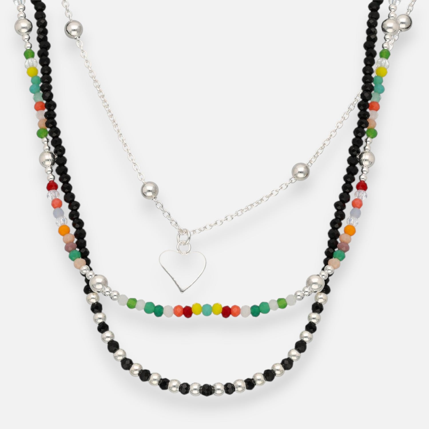 Collar Triple Corazón Esferas Cristales Multicolor