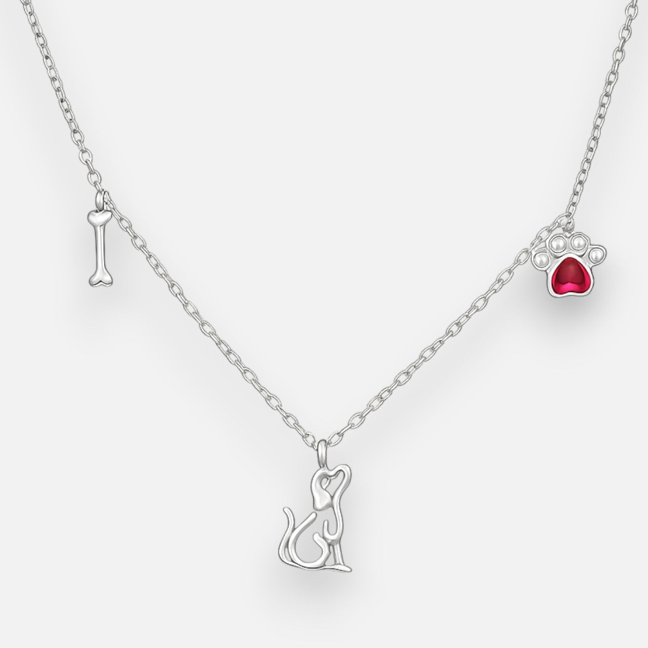 Collar Perrito Huesito Patita Corazón Circón Rubí