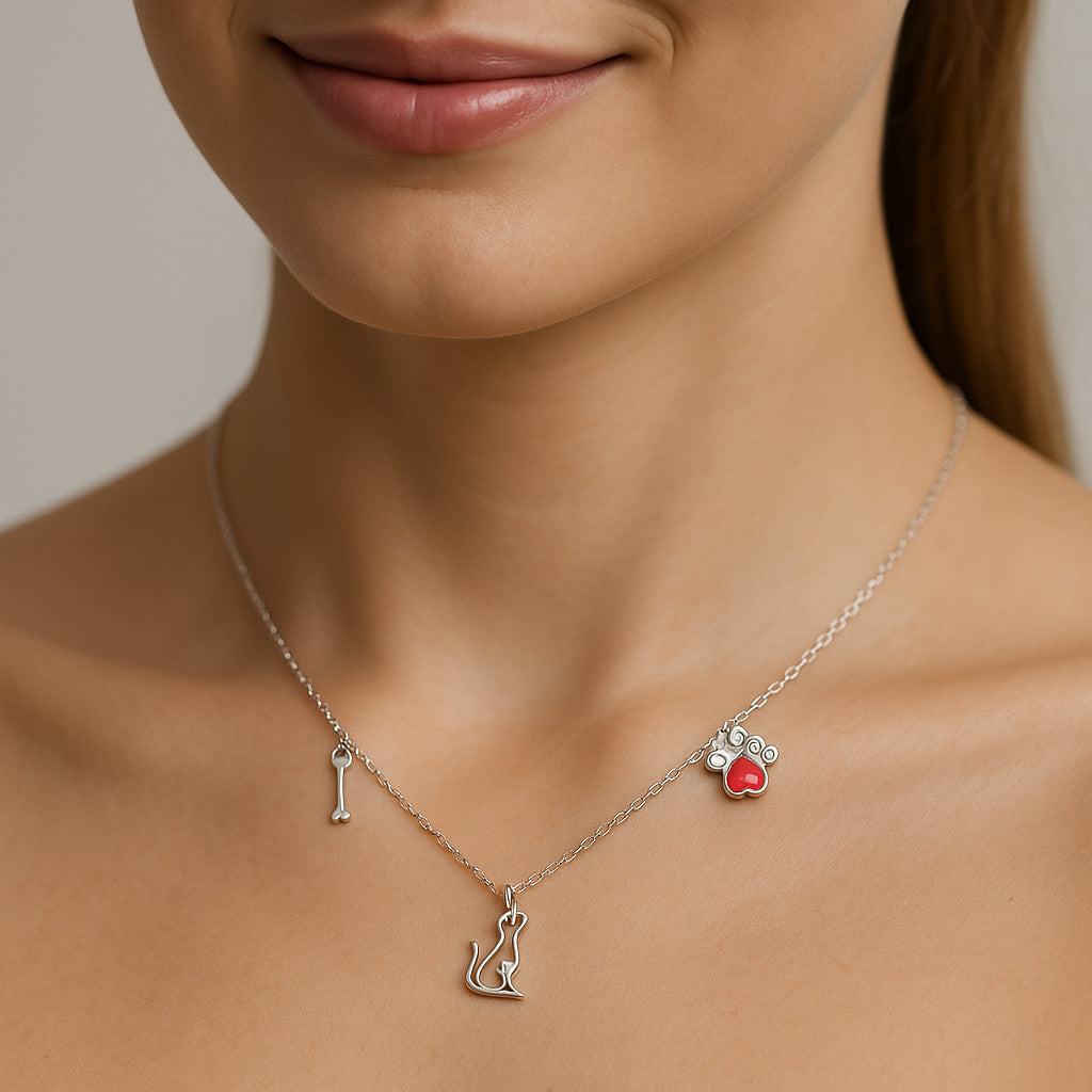 Collar Perrito Huesito Patita Corazón Circón Rubí