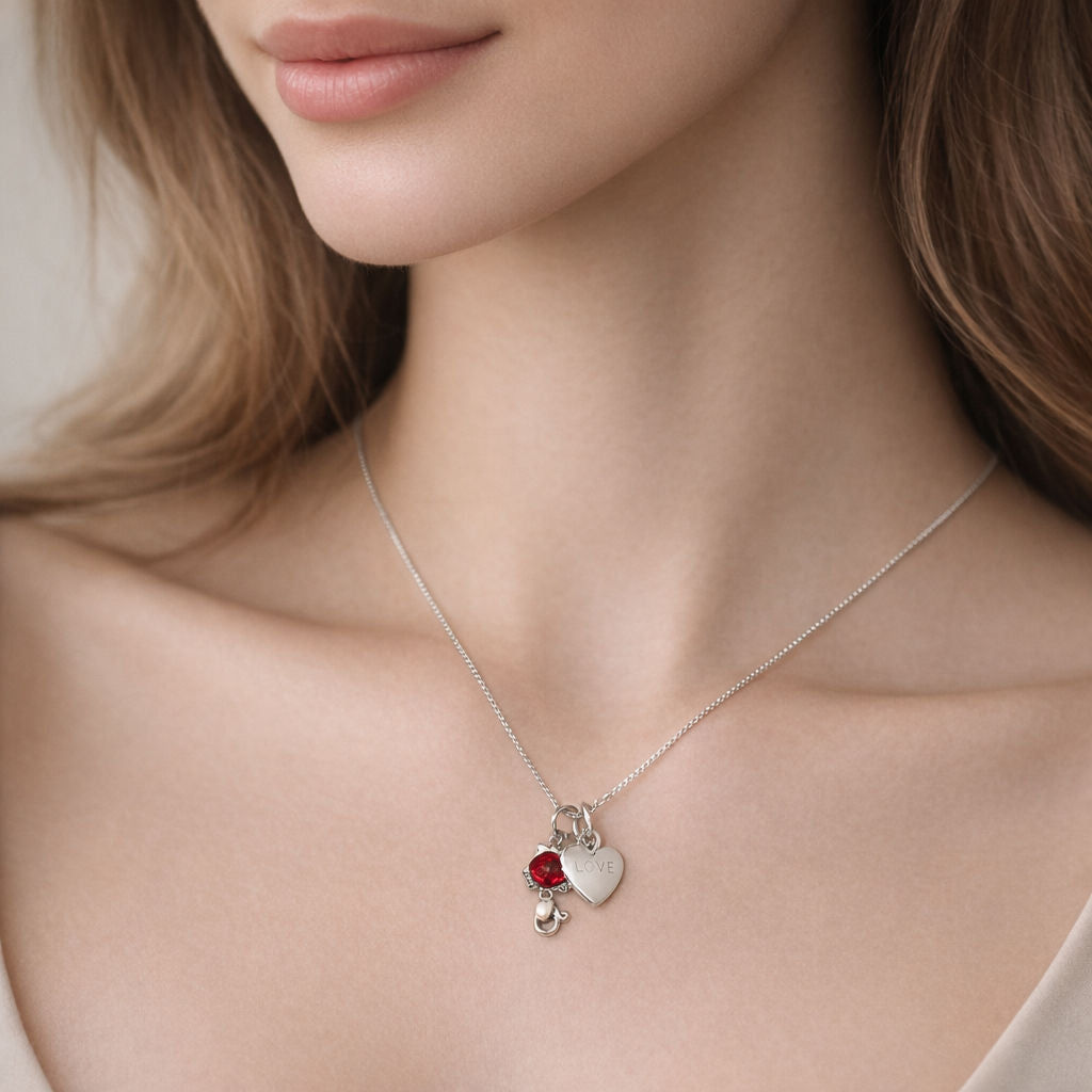 Collar Corazón Love Gatito Circón Rubí