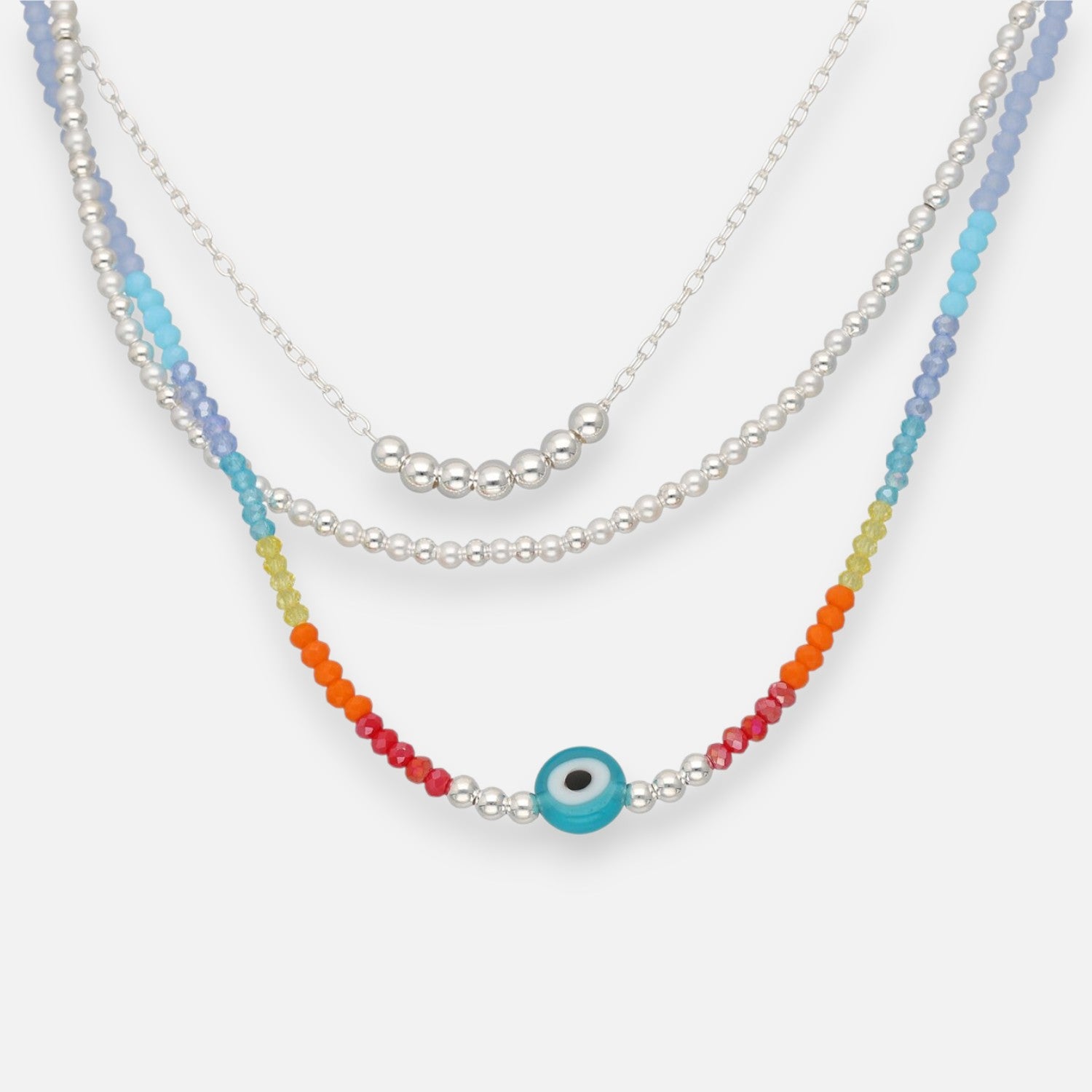 Collar Triple Ojo Turco Esferas Cristales Multicolor