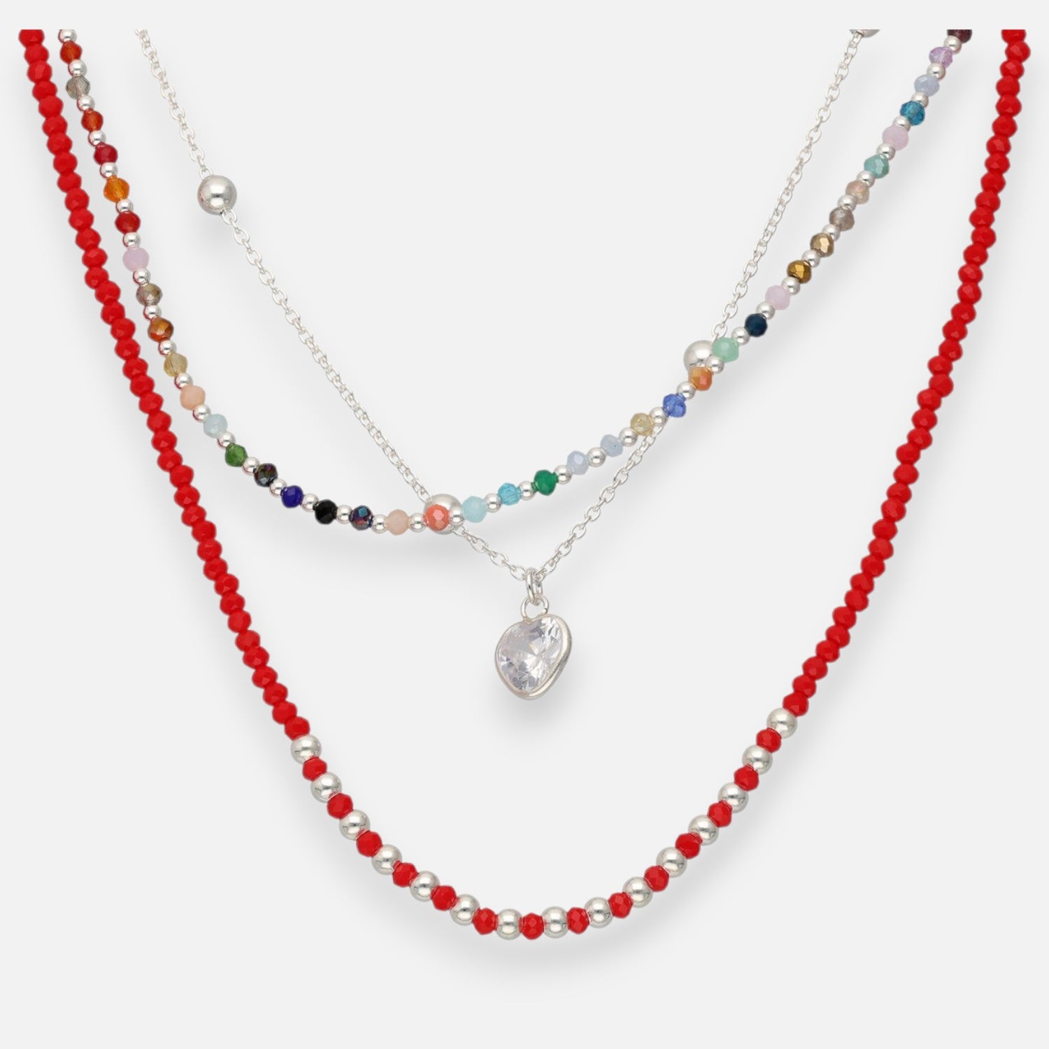 Collar Triple Corazón Circón Esferas Cristales Multicolor