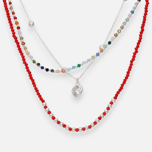 Collar Triple Corazón Circón Esferas Cristales Multicolor