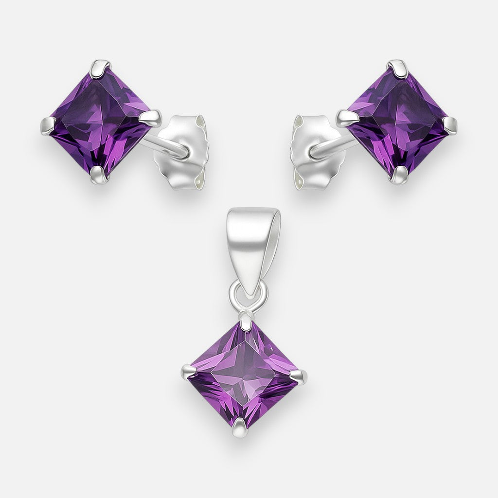 Conjunto Rombo Circón Amatista 6x6 mm