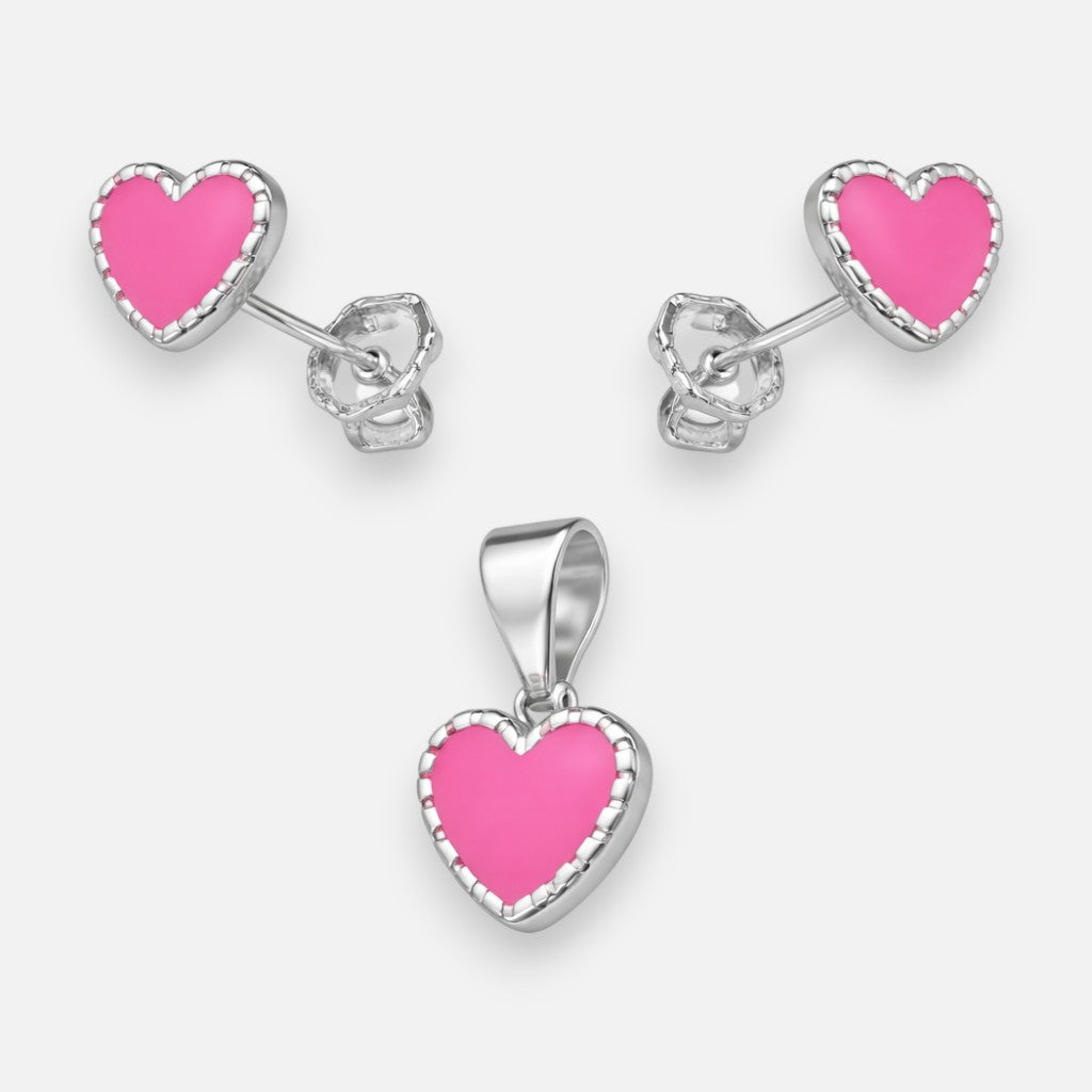 Conjunto Corazón Esmaltado Rosado