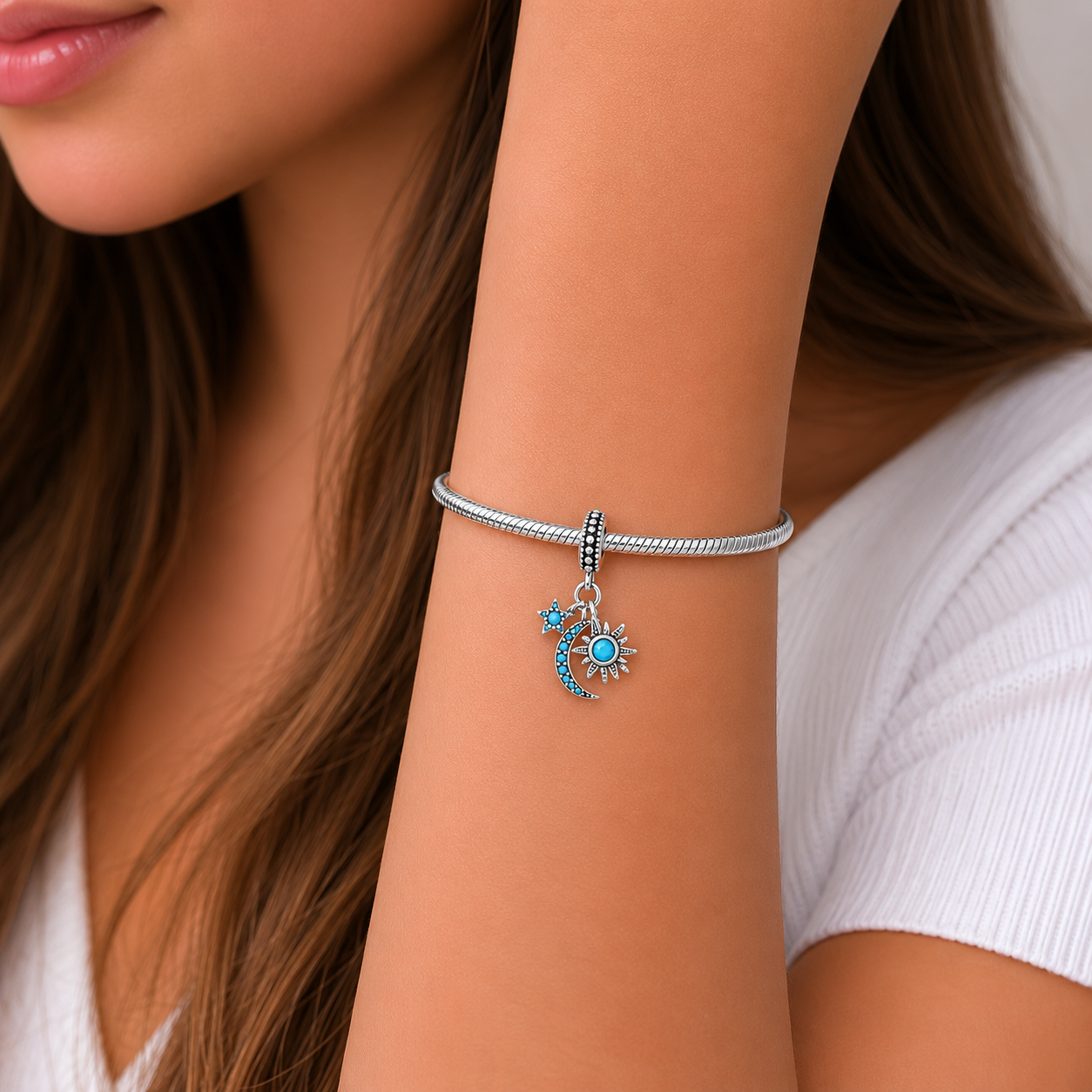 Colgante Charm Media Luna Sol Estrella Turquesa