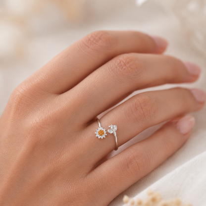 Anillo Ajustable Abeja Flor Margarita Circones Granate Naranja