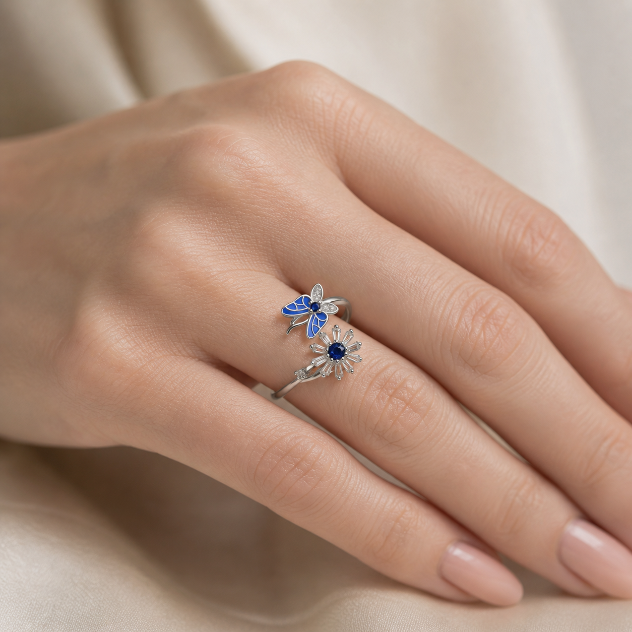 Anillo Ajustable Mariposa Flor Margarita Circones Zafiro