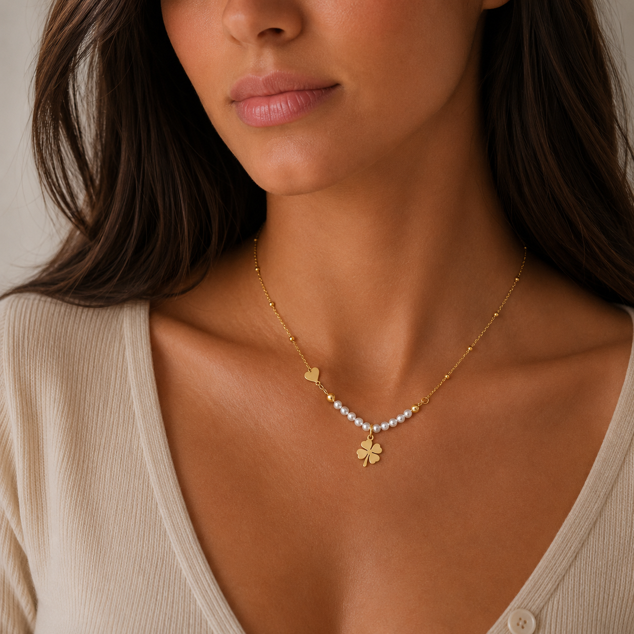 Collar Esferas Perlas Trébol 4 Hojas