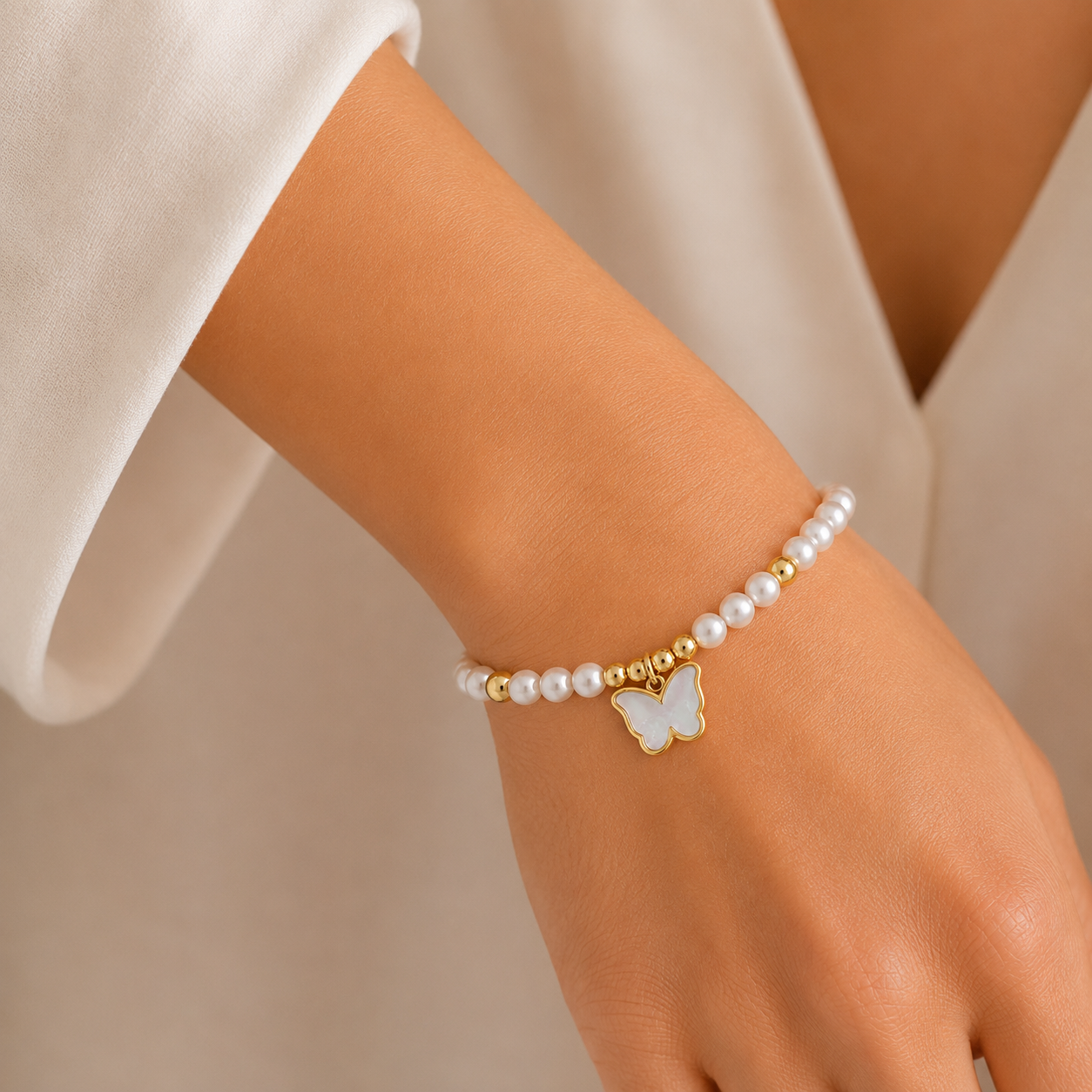 Pulsera Perlas Mariposa Nácar Blanco