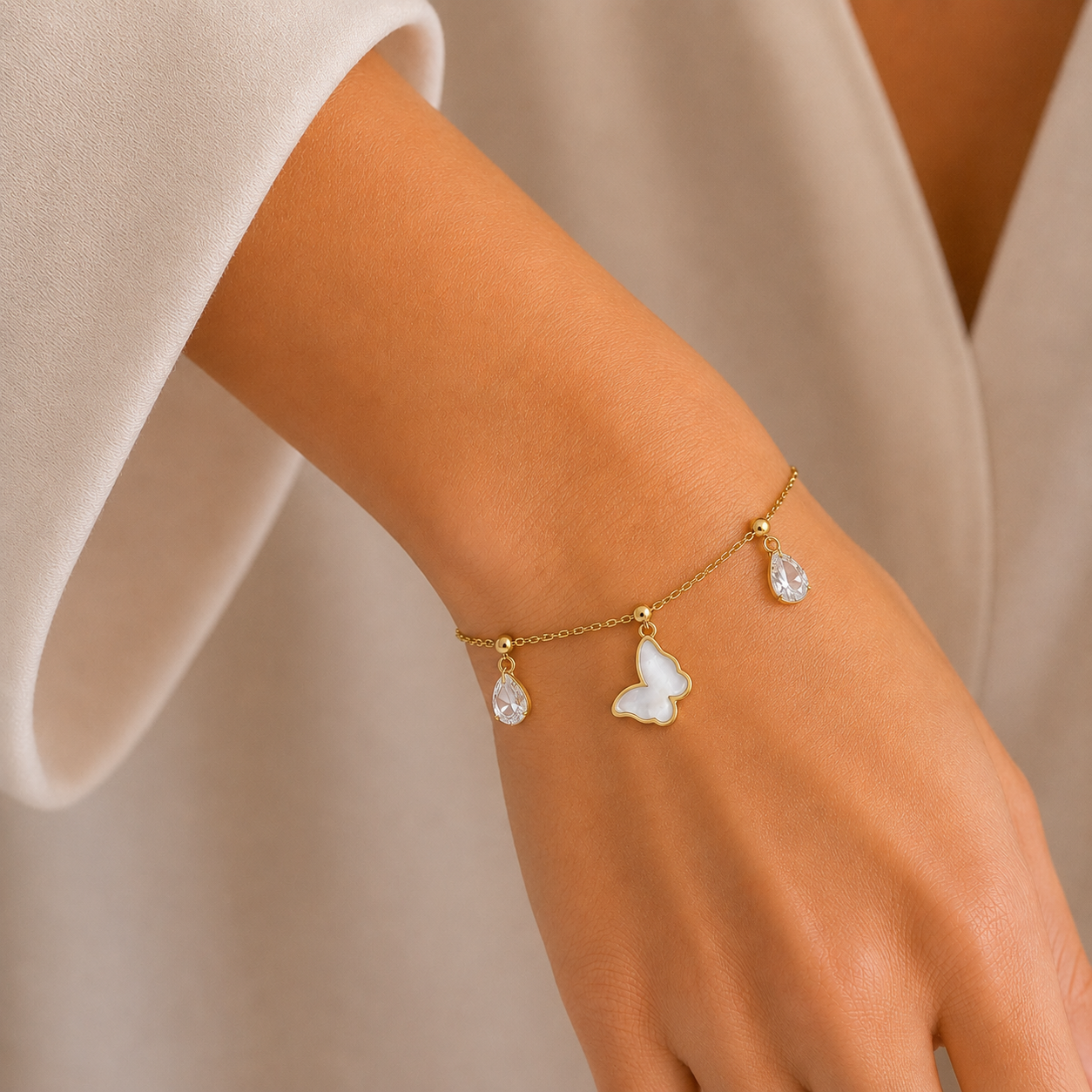 Pulsera Mariposas Cristales Nácar Blanco