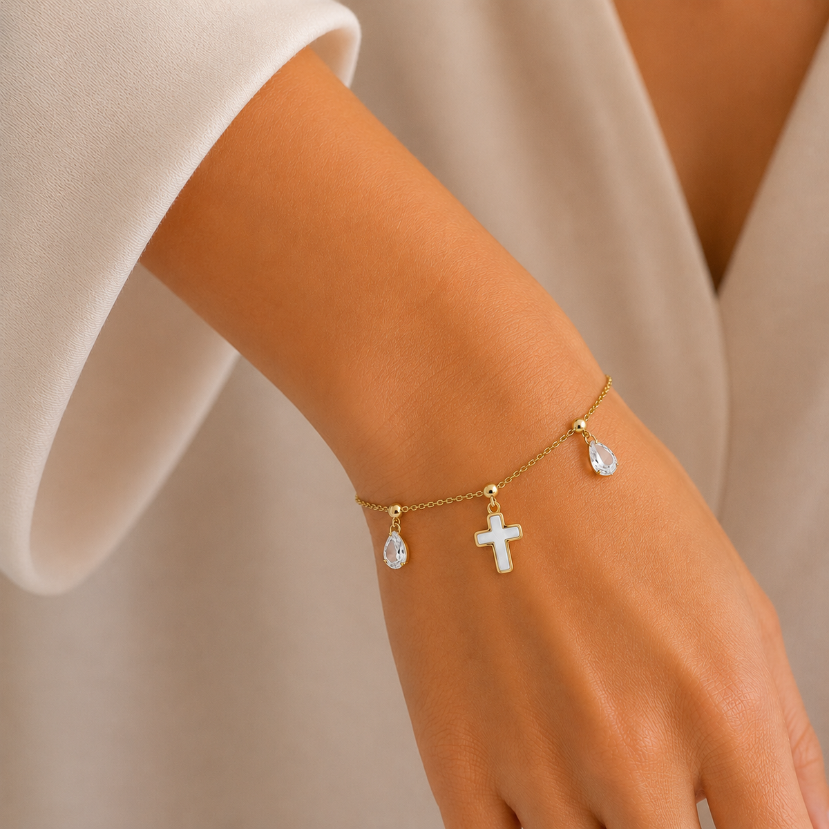 Pulsera Cruces Cristales Nácar