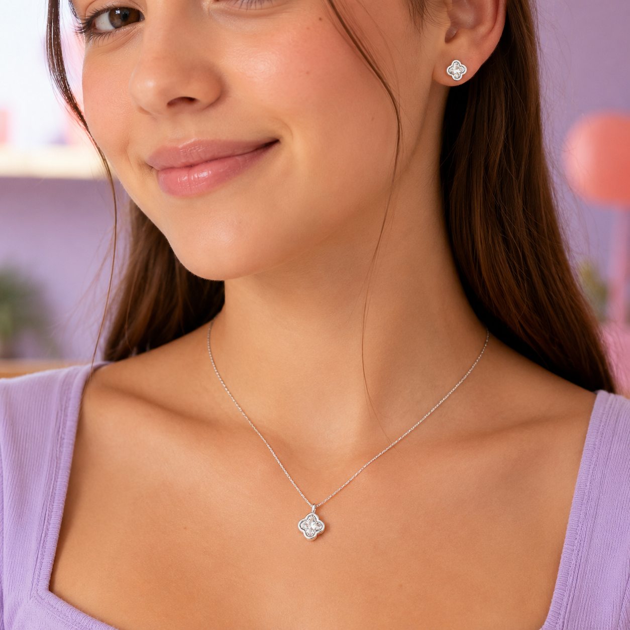 Set Collar y Aros Trébol de la Suerte Circón