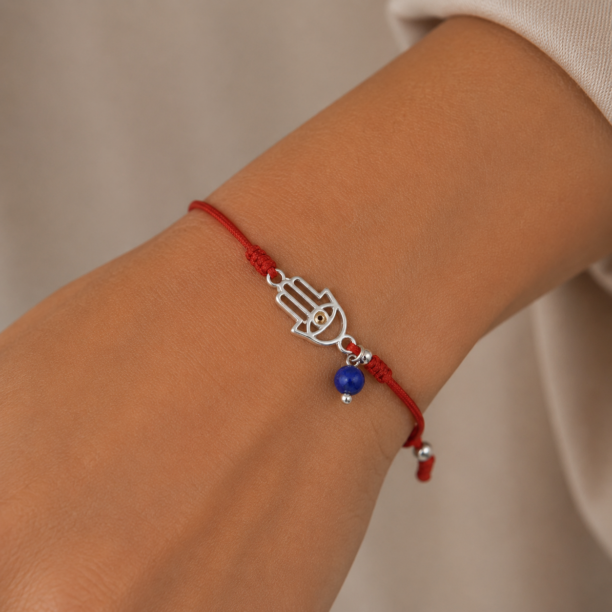 Pulsera Hilo Rojo Ajustable Mano de Fátima Circón Ojo Turco