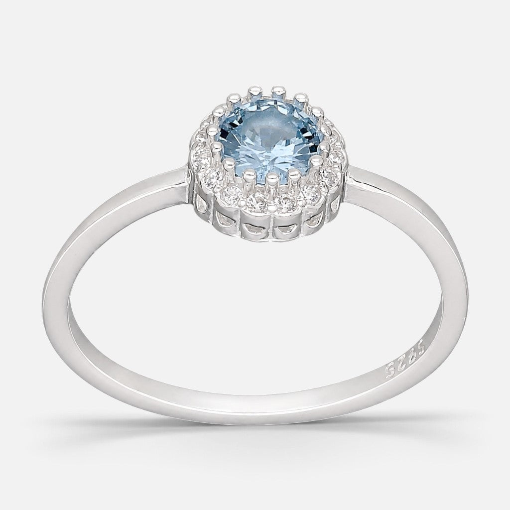 Anillo Solitario Flor Circón Aguamarina