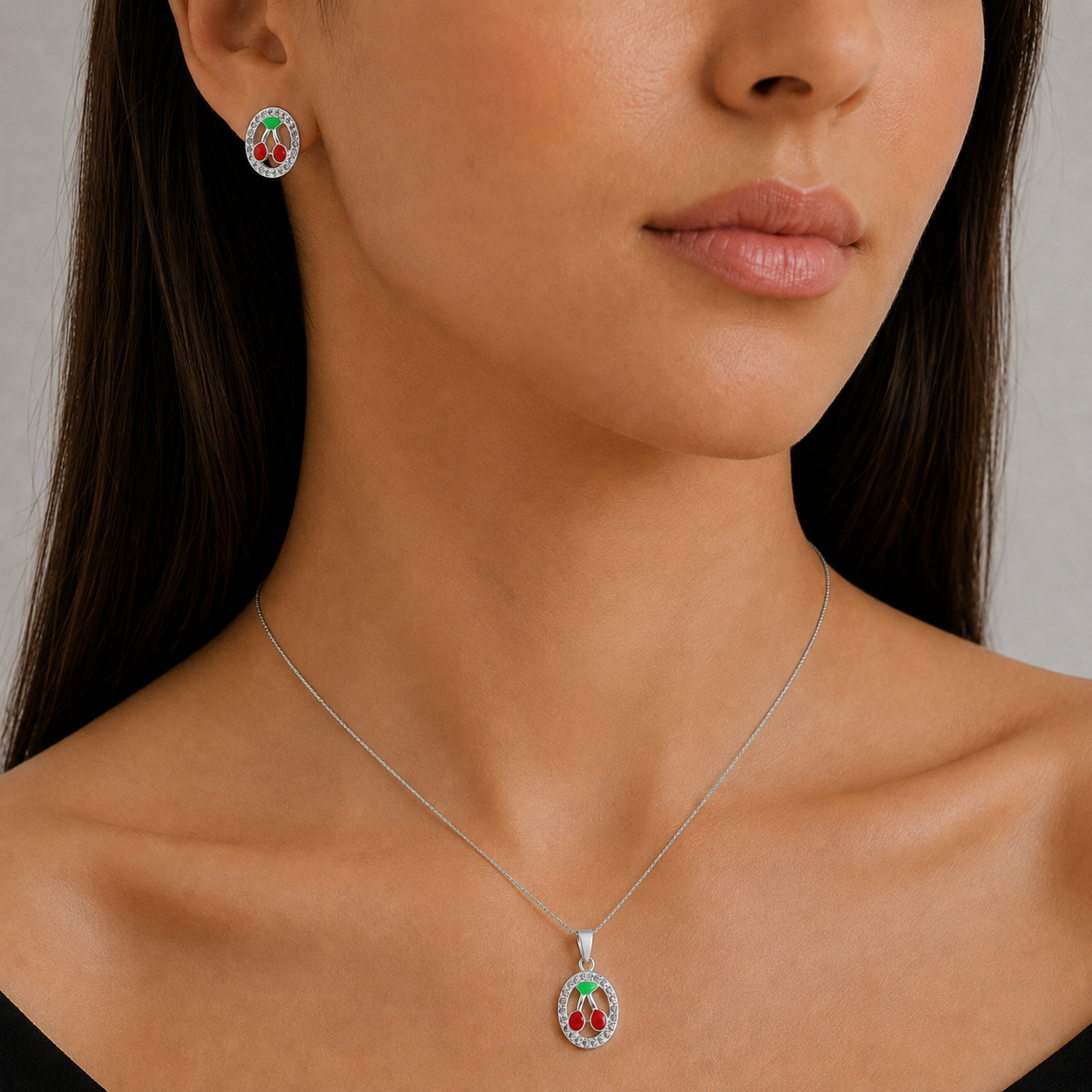 Conjunto Cerezas Circones Esmaltado