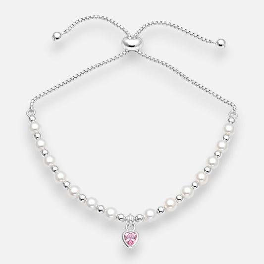 Pulsera Ajustable Perlas Corazón Circón Rosa Francia