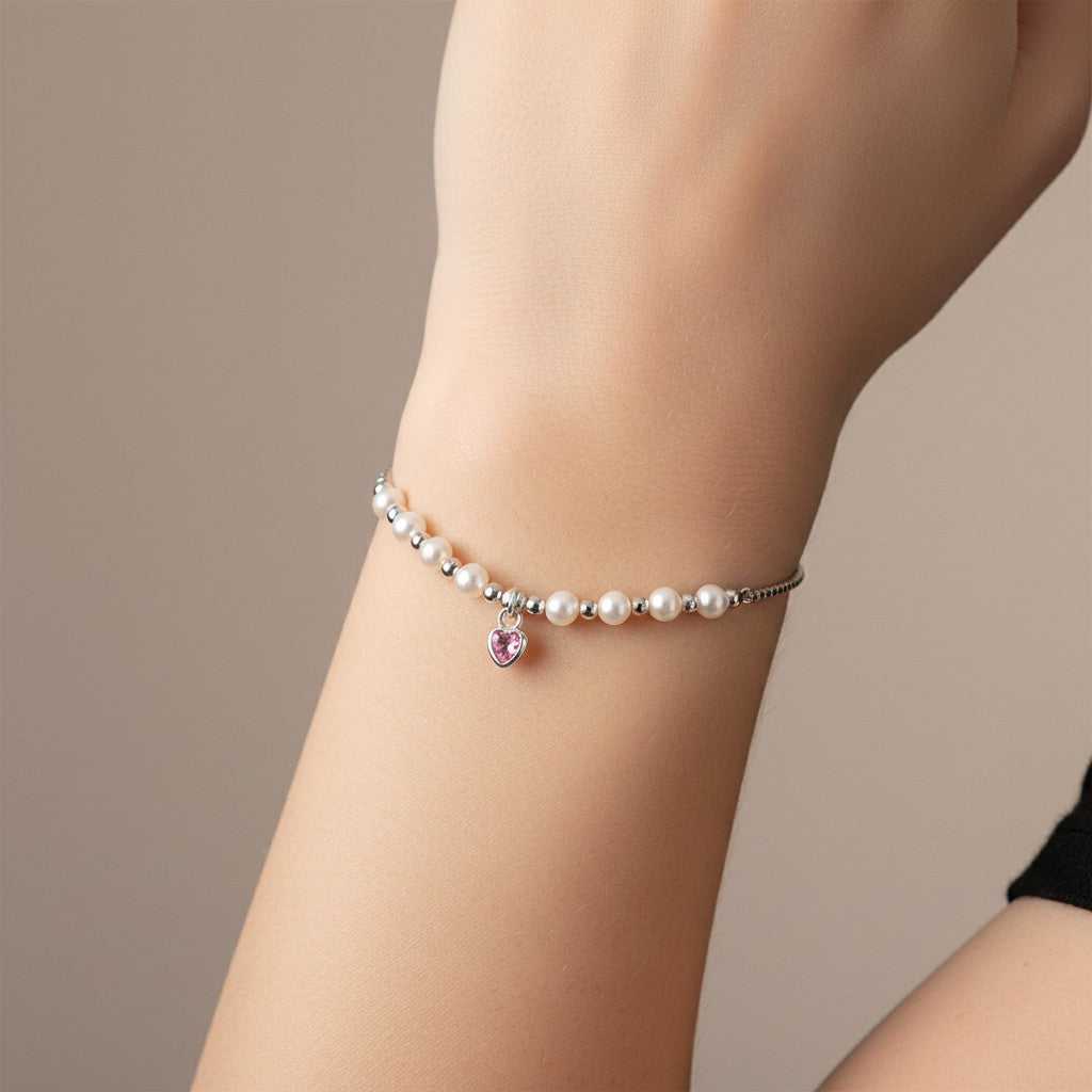Pulsera Ajustable Perlas Corazón Circón Rosa Francia