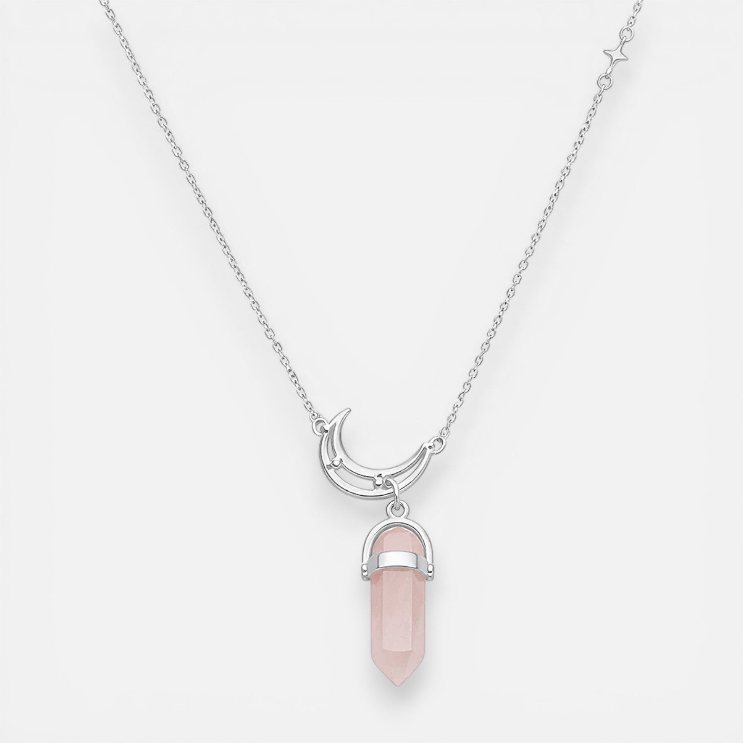 Collar Media Luna Estrellas Circones Cuarzo Rosado