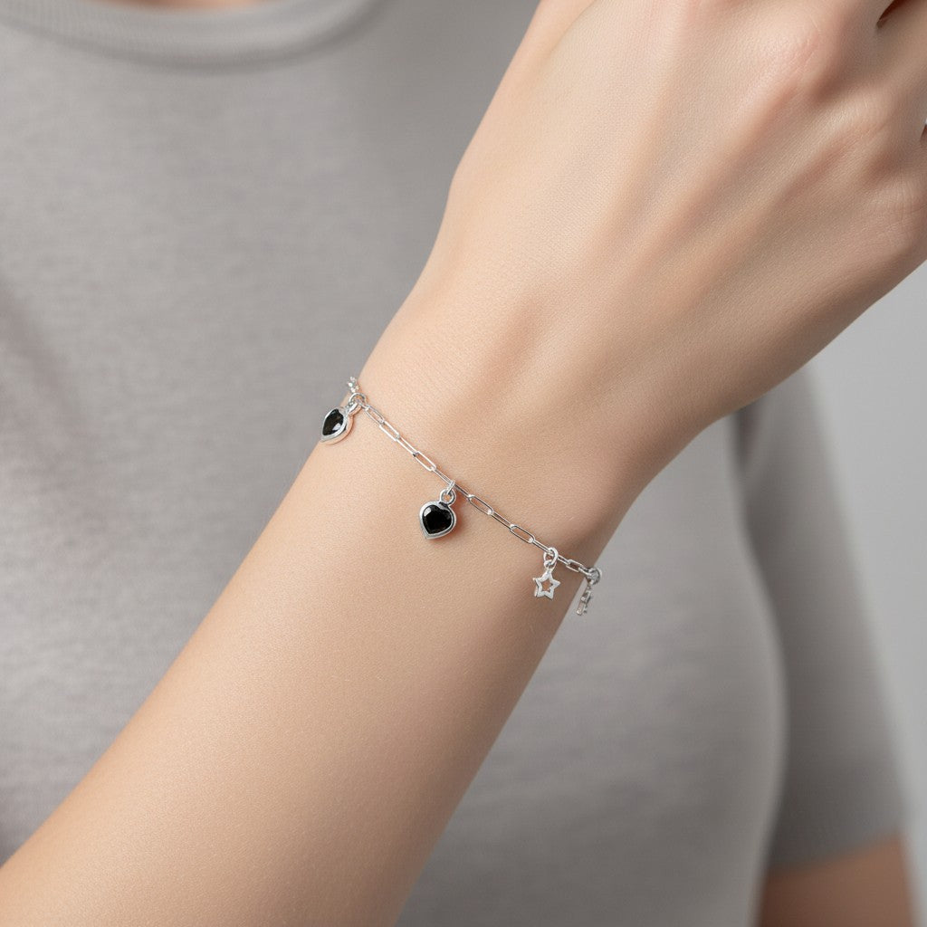 Pulsera Tradicional Corazones Estrellas Circones Ónix