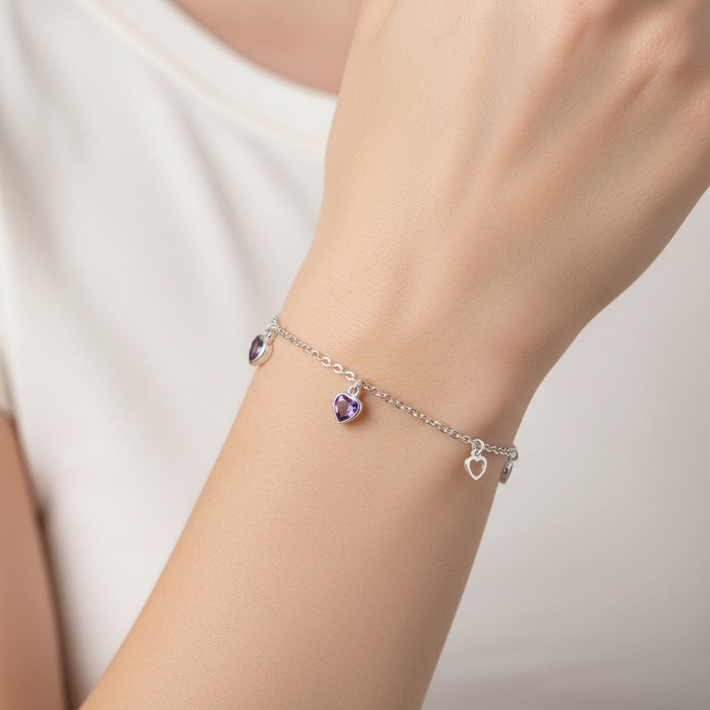 Pulsera Rolo Corazones Circones Amatista