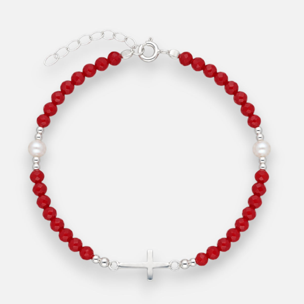 Pulsera Cruz Cristales Rojo Perlas
