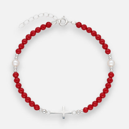 Pulsera Cruz Cristales Rojo Perlas