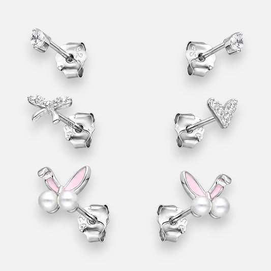 Set Aro Minimalista Conejito Lazo Coquette Corazón Circones