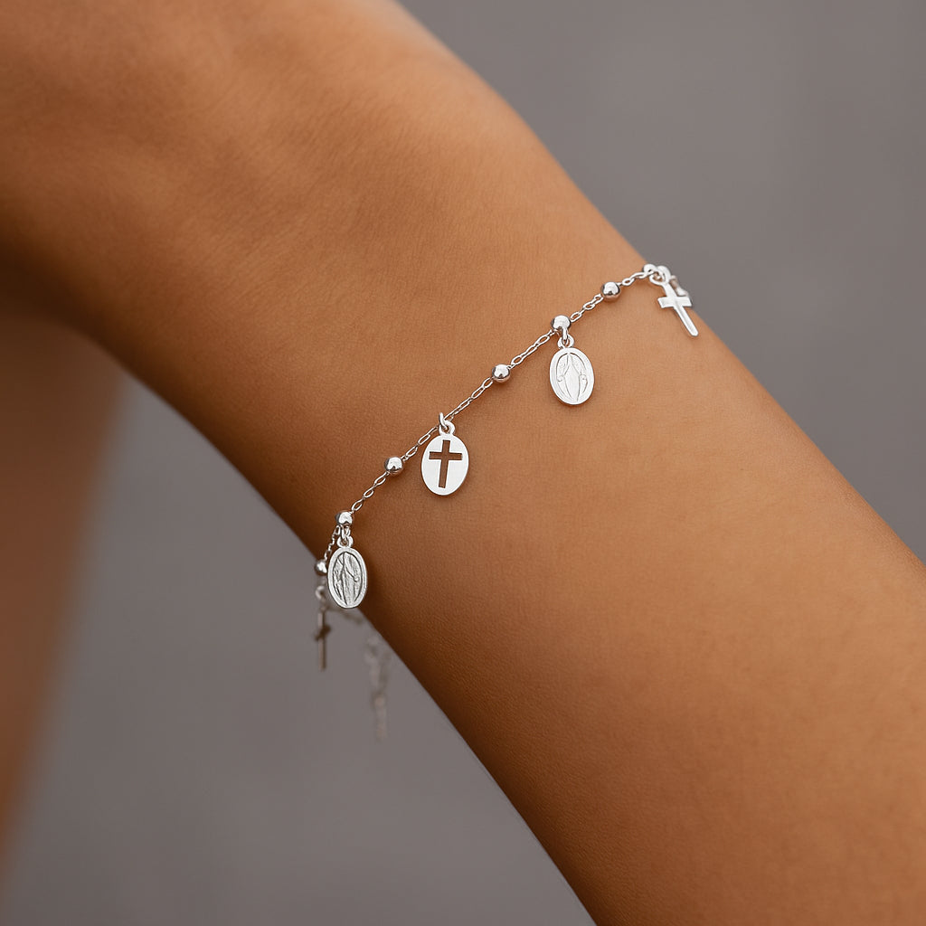 Pulsera Esferas Cruces Virgen de lo Rayos Milagrosa