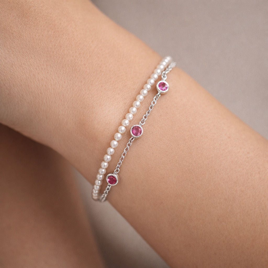 Pulsera Doble Perlas Circones Fucsia