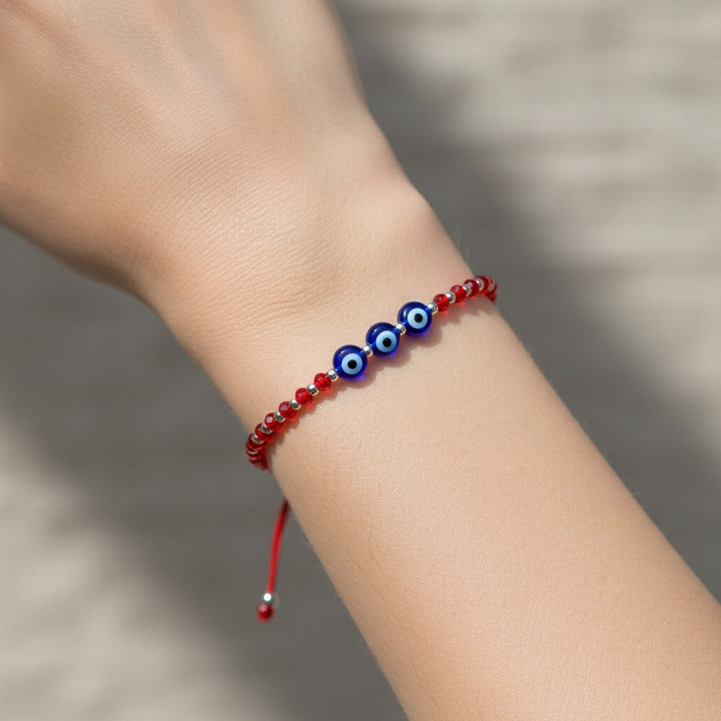Pulsera Hilo Rojo Ajustable Cristales Esferas Ojo Turco
