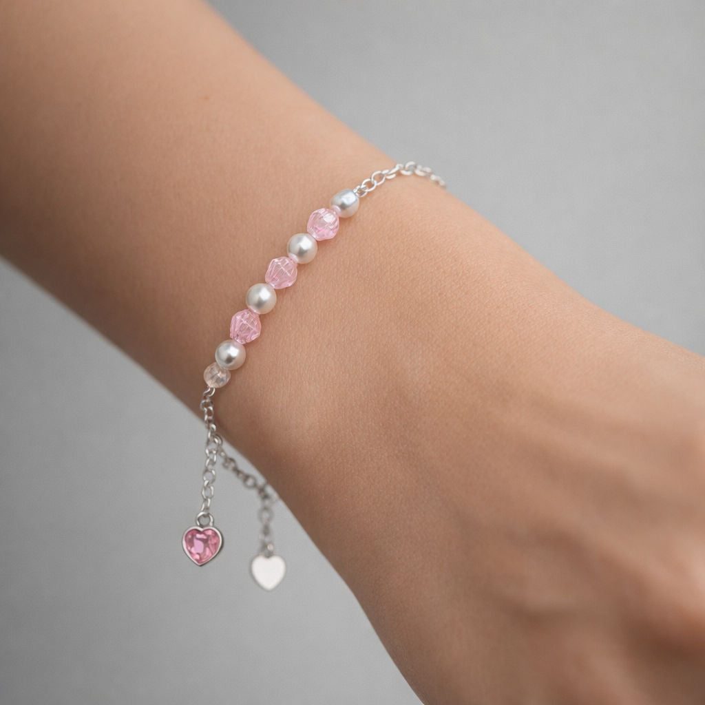 Pulsera Ajustable Esferas Cristales Corazón Circón Rosa Francia