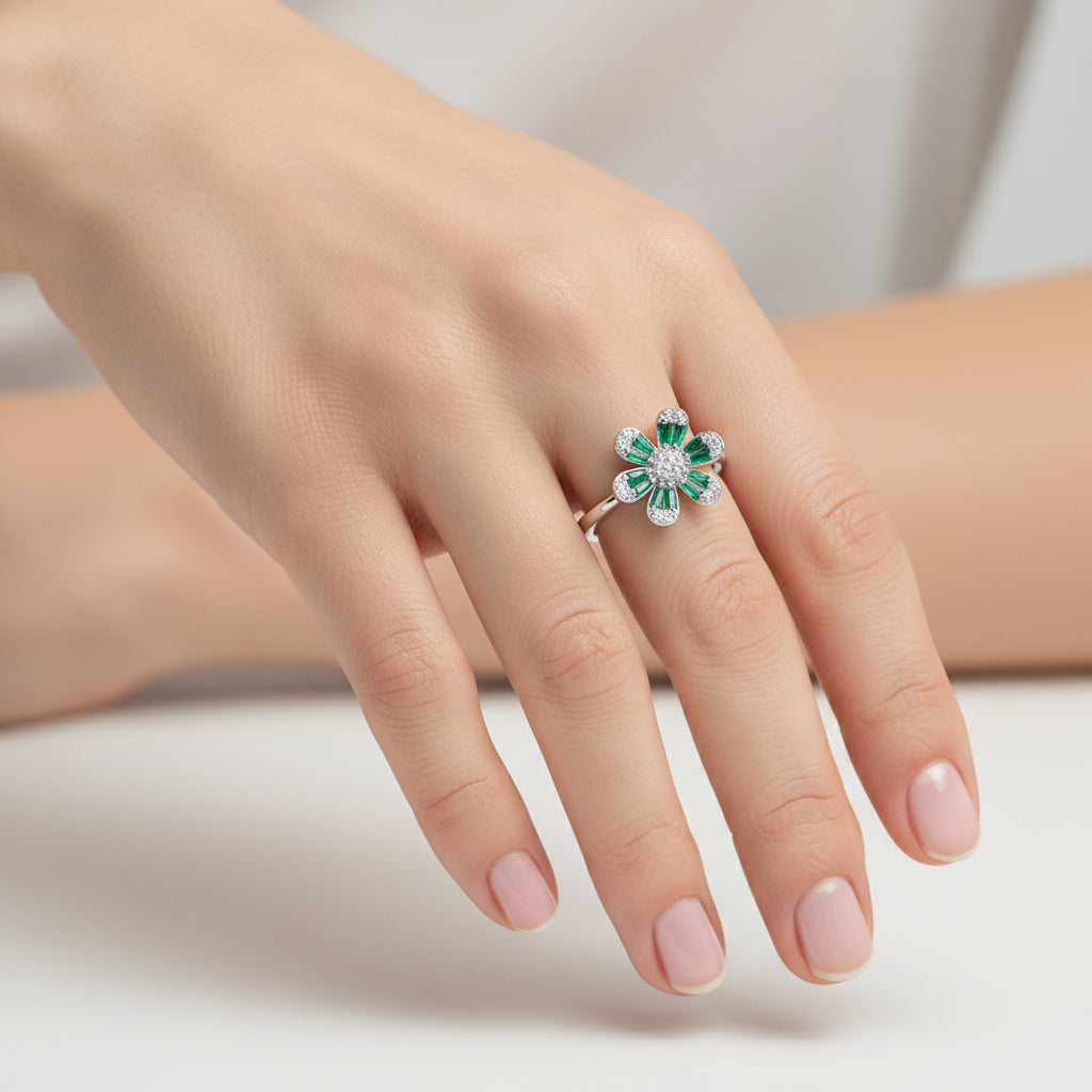 Anillo Ajustable Flor Circones Baguette Esmeralda