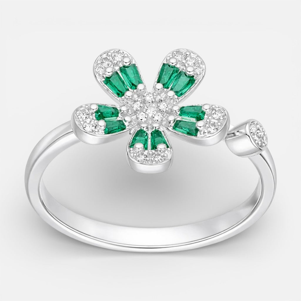Anillo Ajustable Flor Circones Baguette Esmeralda