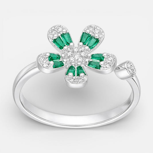 Anillo Ajustable Flor Circones Baguette Esmeralda 14