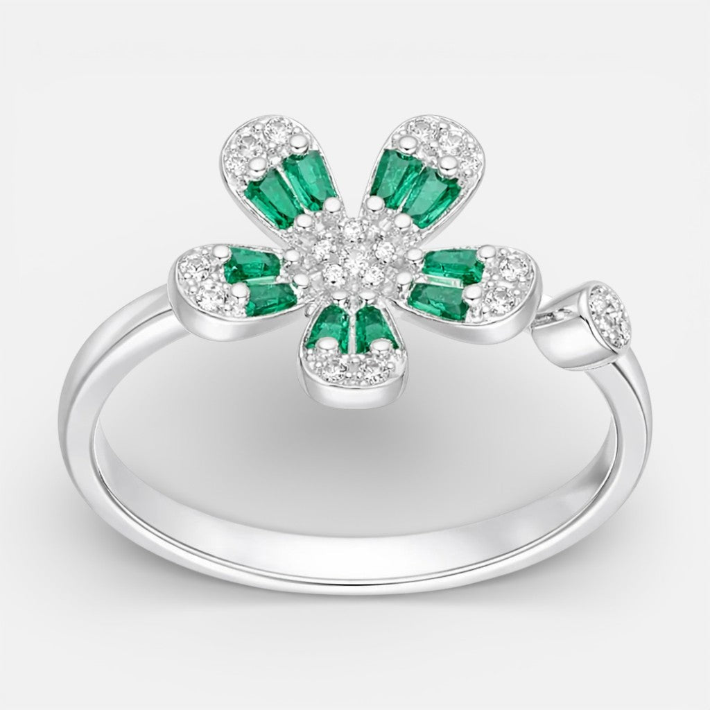 Anillo Ajustable Flor Circones Baguette Esmeralda 14