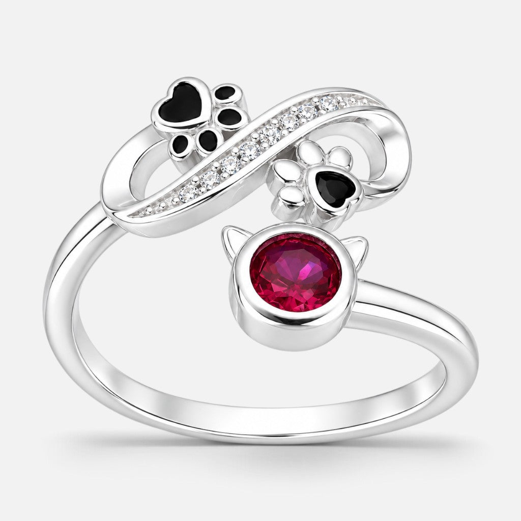 Anillo Ajustable Infinito Patitas Gatito Circón Rubí