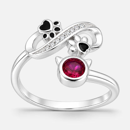 Anillo Ajustable Infinito Patitas Gatito Circón Rubí