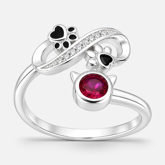 Anillo Ajustable Infinito Patitas Gatito Circón Rubí