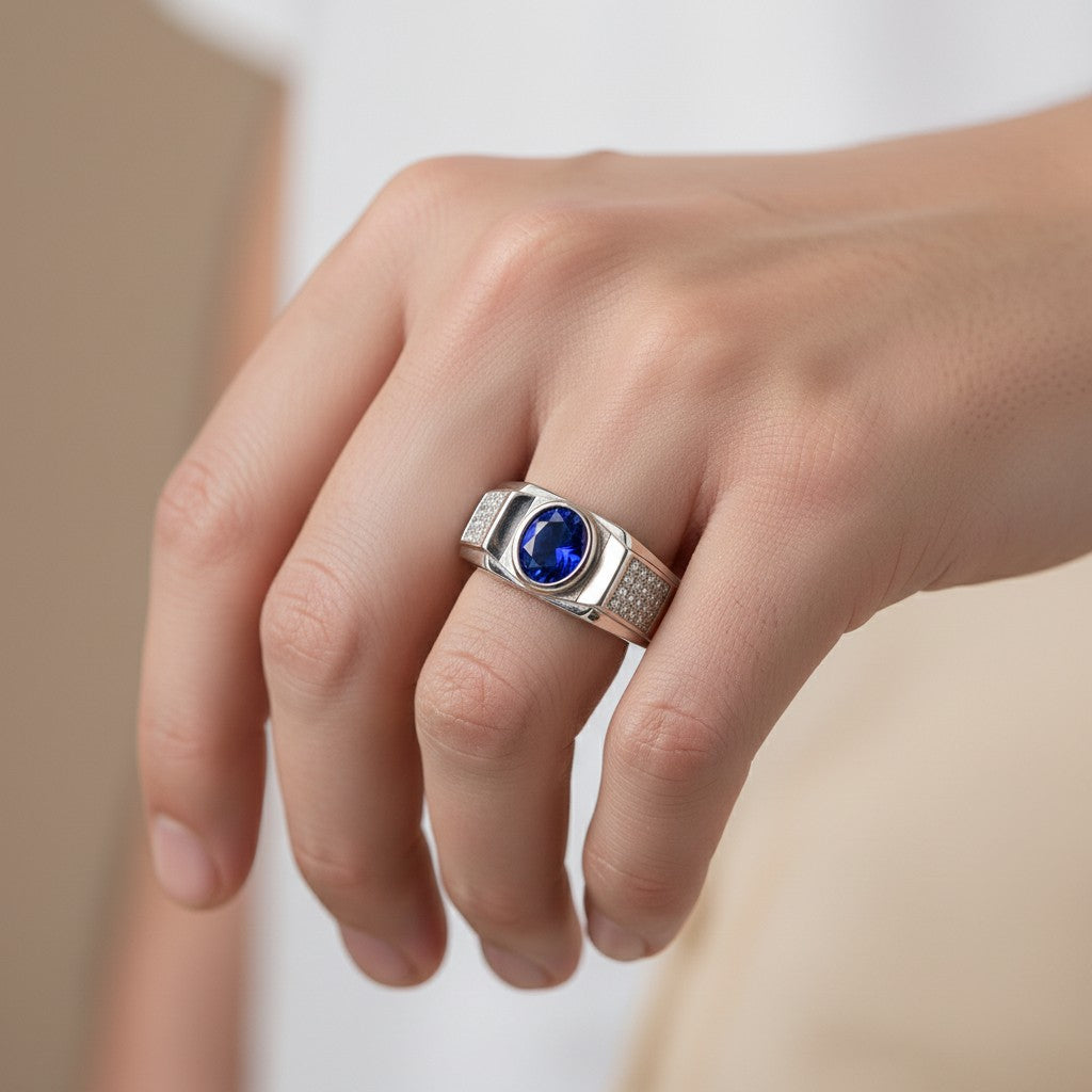 Anillo Sello Circón Ovalado Zafiro