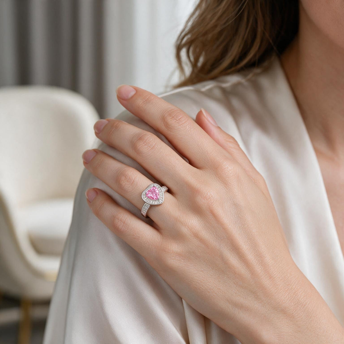 Anillo Corazón Circones Baguette Rosa Francia